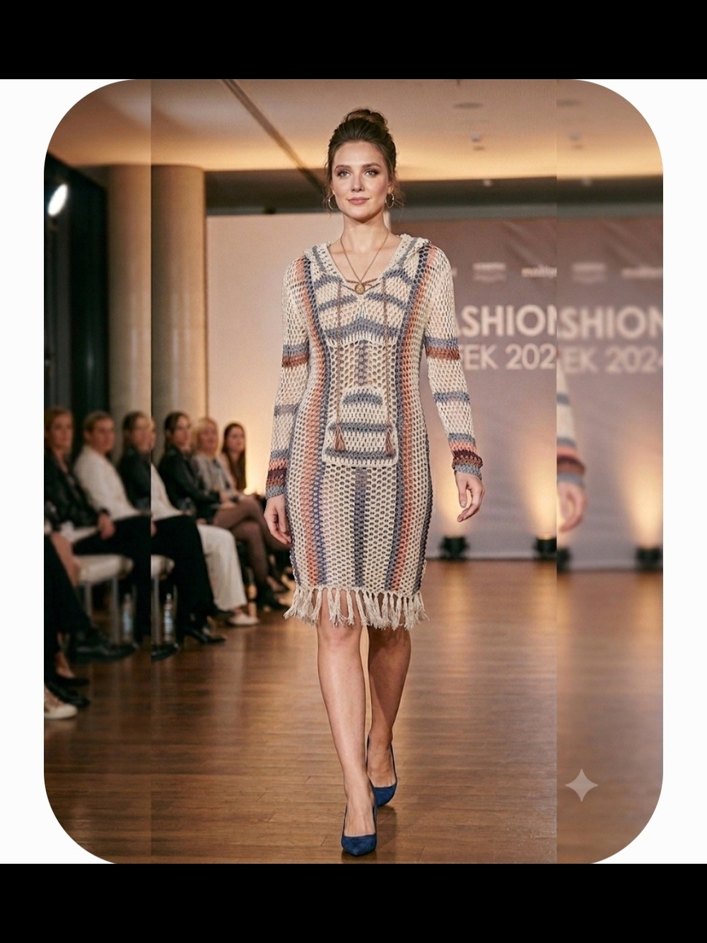 Anna Kosturova Striped Knit Hooded Fringe Sweater Dress - Gray, Cream & Apricot